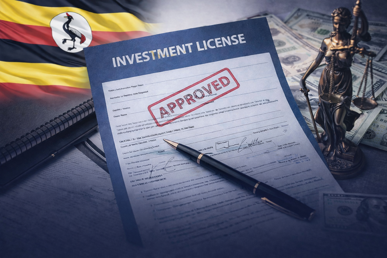 Approved investment license document in Uganda with national flag and business paperwork