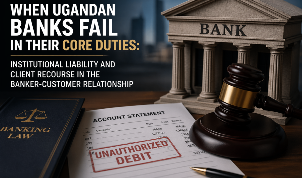 Bank liability concept in Uganda showing a bank building, gavel and account statement stamped unauthorized debit, representing banking negligence and client recourse