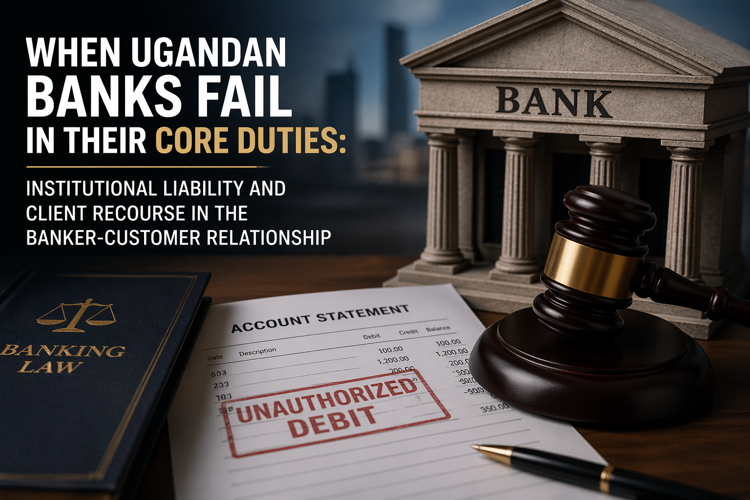 Bank liability concept in Uganda showing a bank building, gavel and account statement stamped unauthorized debit, representing banking negligence and client recourse