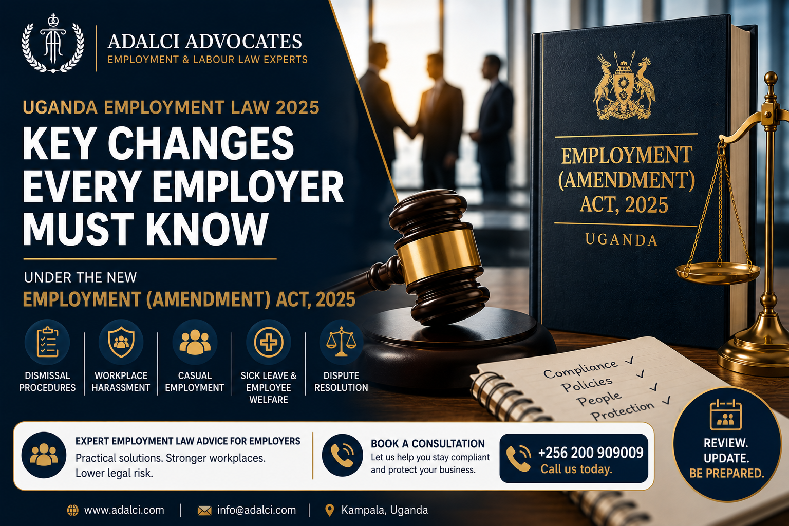 Employment law compliance consultation banner highlighting Uganda's Employment (Amendment) Act, 2025 and key employer obligations.