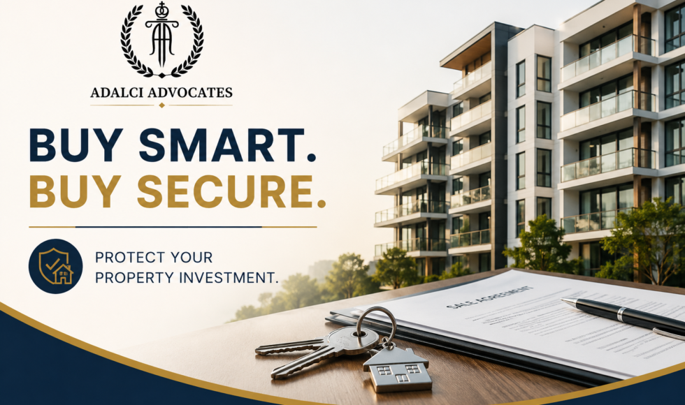 Legal due diligence for buying a condominium in Uganda featuring a modern apartment development, property sale agreement, keys, and Adalci Advocates branding.